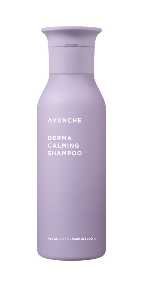 Light purple shampoo bottle with the words "AYUNCHE DERMA CALMING SHAMPOO" on it.