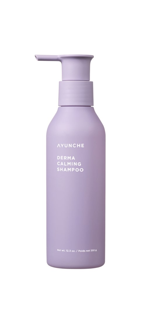 A light purple bottle with a pump, labeled 'AYUNCHE DERMA CALMING SHAMPOO'.