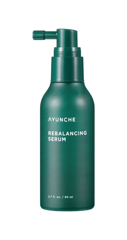 Green bottle with a pump, labeled 'Ayunche Rebalancing Serum', 2.7 fl oz. or 80 ml.