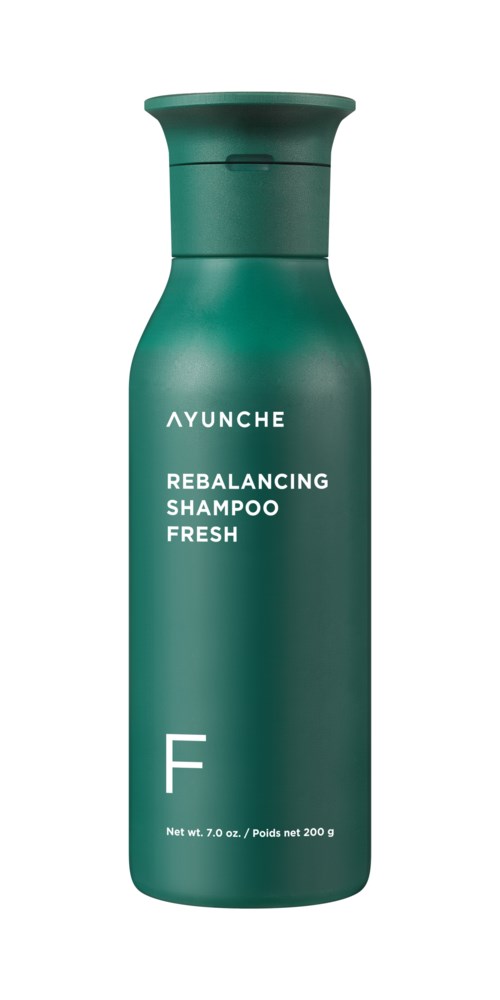 A green bottle of Ayunche Rebalancing Shampoo Fresh with a simple design and white text.
