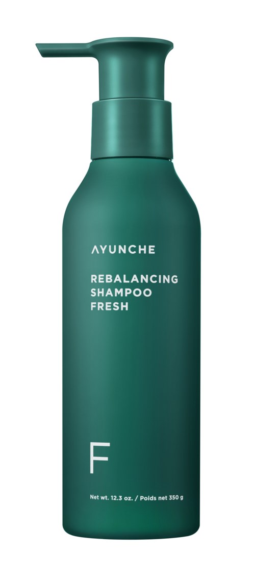 A teal bottle with a pump, labeled Rebalancing Shampoo Fresh, by Ayunche, holds 13.2 ounces.