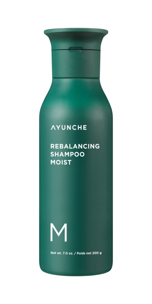 Green bottle with white text, says 'AYUNCHE Rebalancing Shampoo Moist' and 'Net Wt. 7.0 oz. 200 g'.
