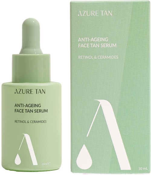 Eine hellgrüne Flasche mit Pipette neben einer passenden Box. Das Produkt heißt Azure Tan Anti-Ageing Gesichtsserum.