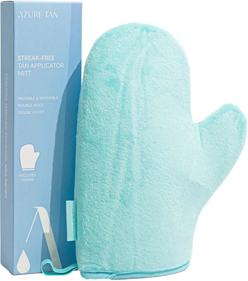 Eine blaue Box mit einem tealfarbenen Ofenhandschuh in Handform. Die Box hat Text über einen wiederverwendbaren, waschbaren Handschuh.