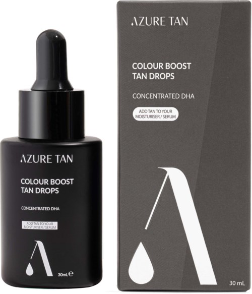 Eine kleine schwarze Flasche mit Pipette und eine graue Box, beide mit dem Text 'Azure Tan Colour Boost Tan Drops' in Weiß.