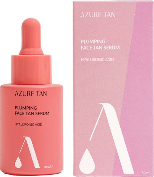 Rosa Flasche und Verpackung für Gesichtsbräunungssserum mit Tropfen- und Buchstabendesign. Erwähnt Hyaluronsäure und 30 ml.