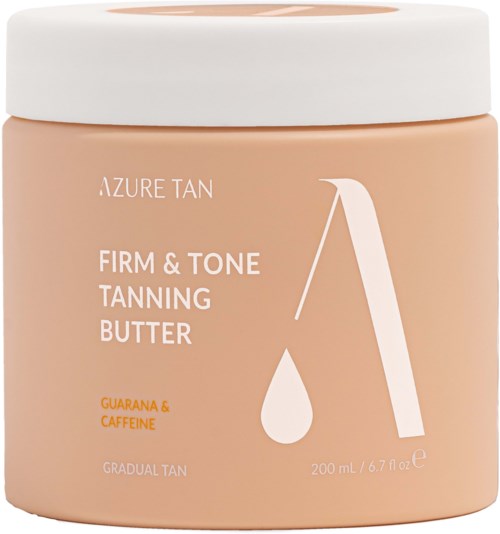 Cremebehälter mit weißem Deckel, Beschriftung Azure Tan Firm & Tone Tanning Butter, mit Guarana und Koffein, für allmähliche Bräunung.