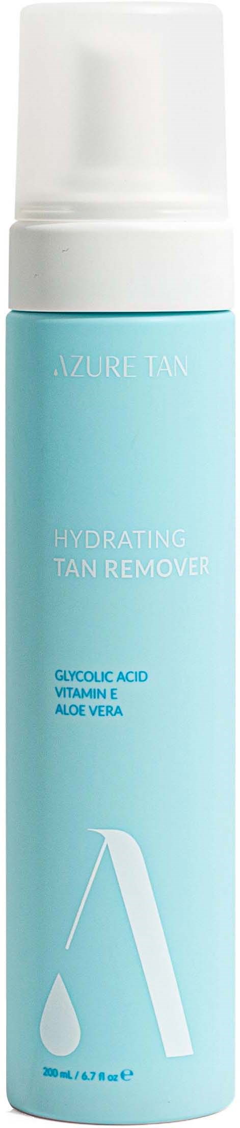 Eine hellblaue Flasche mit weißem Pumpkopf, gekennzeichnet als feuchtigkeitsspendender Tan-Entferner mit Glycolsäure, Vitamin E und Aloe Vera.