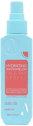 Eine hellblaue Gesichtssprühflasche mit der Beschriftung 'Hydrating Watermelon' und einer Wassermelonen-Ikone.
