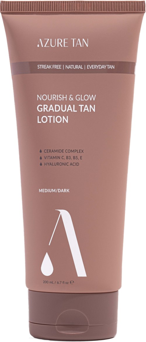 Ein rosa-braunes Lotion-Rohr mit weißen Text, Markenname Azure Tan, und einem weißen akademischen Logo.
