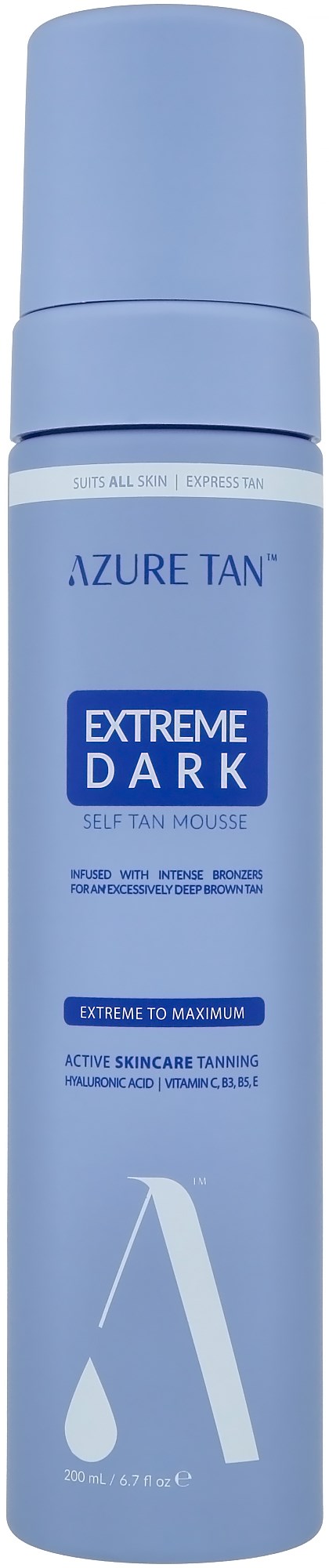 Eine blaue Flasche Selbstbräunungsmousse namens Azure Tan Extreme Dark für dunkles Bräunen. Sie hat Produktinformationen auf dem Etikett.