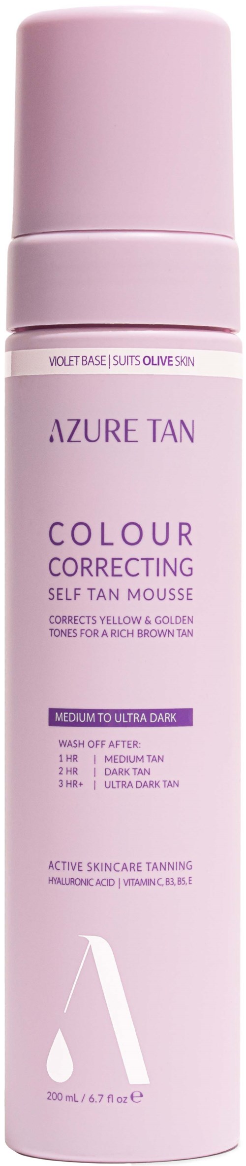 Ein langer pinkfarbener Spraydosen-Inhalt für selbstbräunende Schaum, beschriftet Azure Tan Colour Correcting, für mittlere bis sehr dunkle Haut.