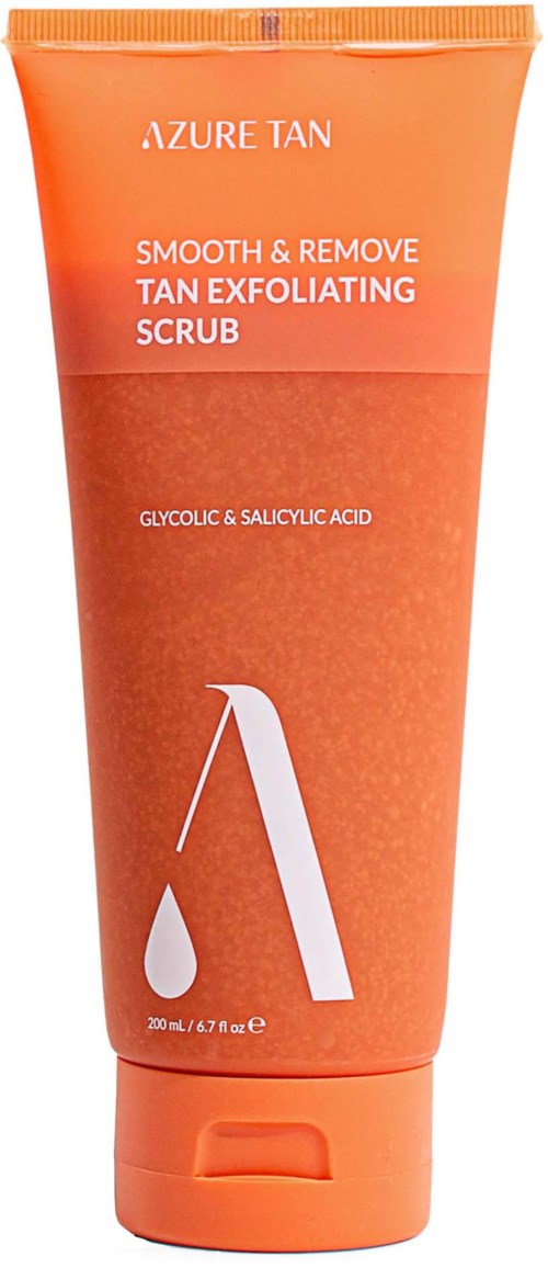 Eine Tube Azure Tan Peeling-Scrub, orange Farbe, mit Text und Tropfensymbol, für Hautpflege.