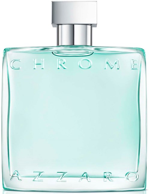 Een heldere parfumfles met zilveren dop, gemerkt 'CHROME' en 'AZZARO'.