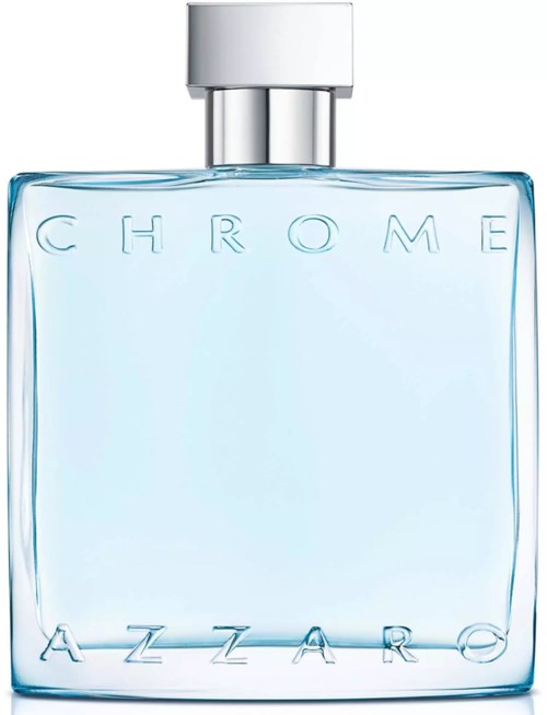 Een lichtblauwe parfumfles met een zilveren dop, gemerkt Chrome door Azarro.