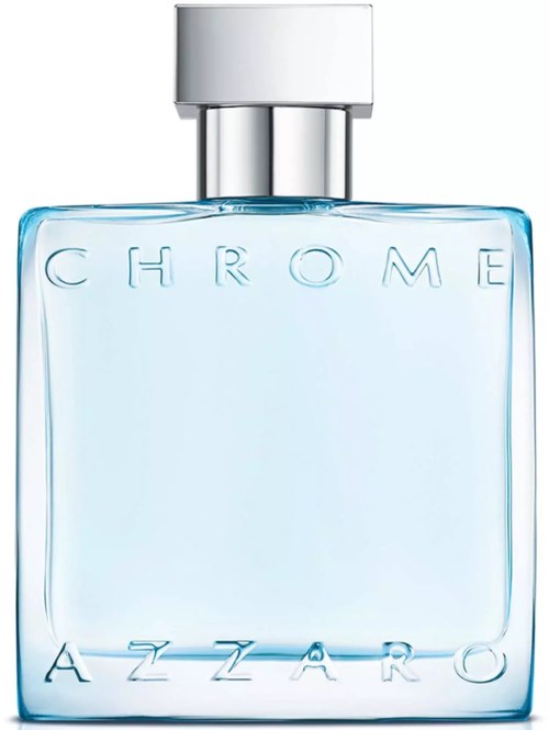 Een doorzichtige glazen parfumfles met zilveren dop, gemarkeerd Chrome Azarro, gevuld met lichtblauwe vloeistof.