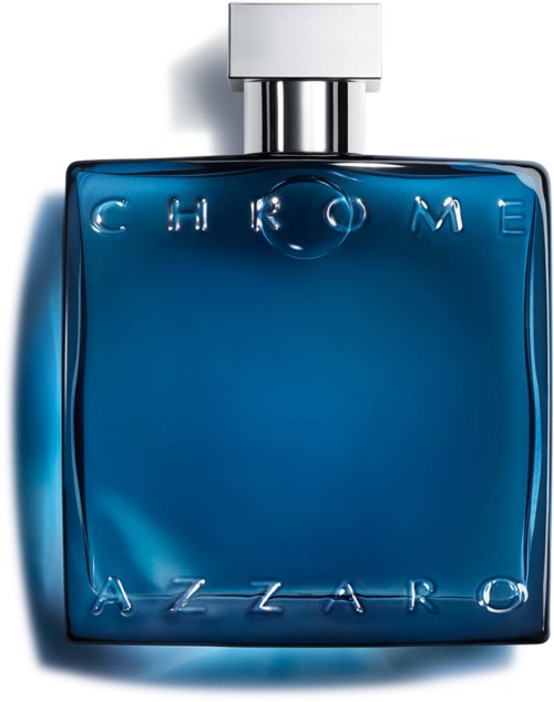 Een blauwe parfumfles met de woorden 'CHROME' bovenaan en 'AZZARO' onderaan, met een zilveren dop.
