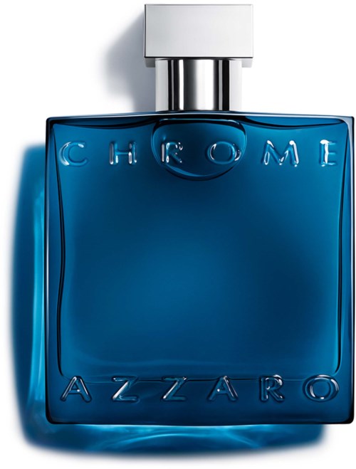 Een blauwe parfumfles met zilverkleurige dop, heeft de tekst 'Chrome Azzaro' erop.