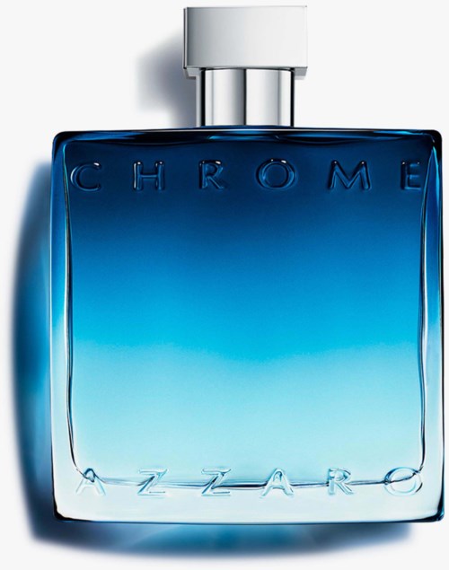 Een blauwe parfumfles met het label Chrome Zebra en een zilveren dop.