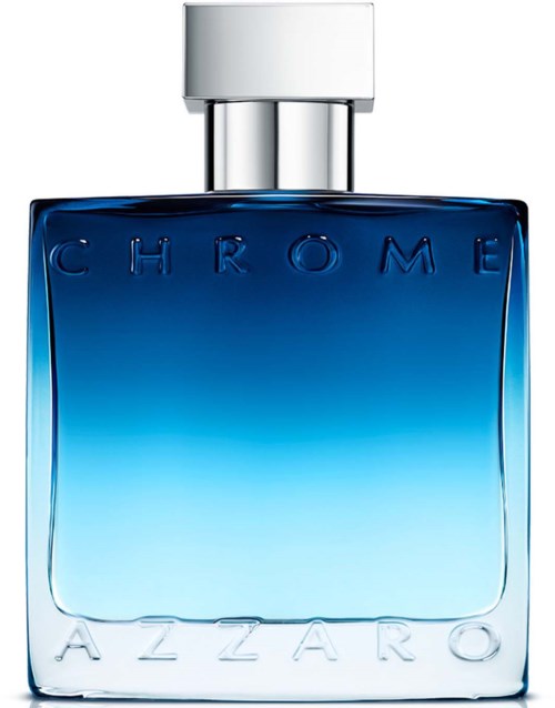 Een blauw-gradient parfumfles met zilveren dop, gemarkeerd 'Chrome Azzaro.'