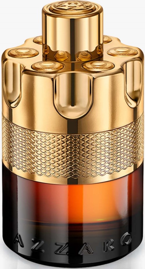 Luxury perfume bottle with a gold top and dark glass base, reflecting elegance and sophistication.