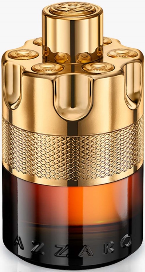 Een luxe parfumfles met een gouden dop en een donker, elegant vat.