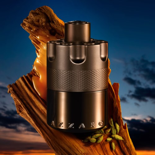 Een zwarte camera-lens op een stuk hout met groene zaden, tegen een ondergaande zon.