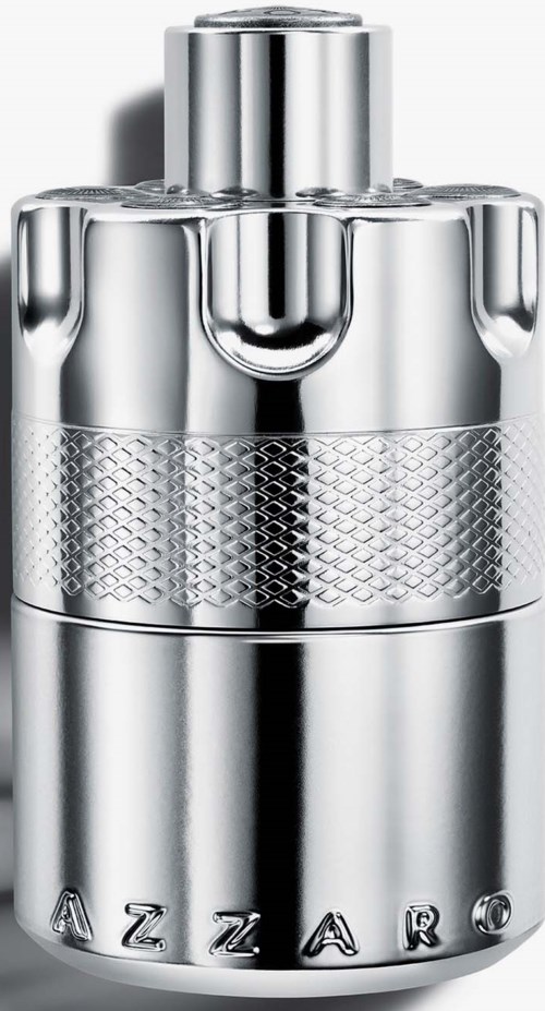 Een zilveren, glanzende parfumfles met een getextureerde middenstuk en een ronde dop, met het merk Azarro onderaan.