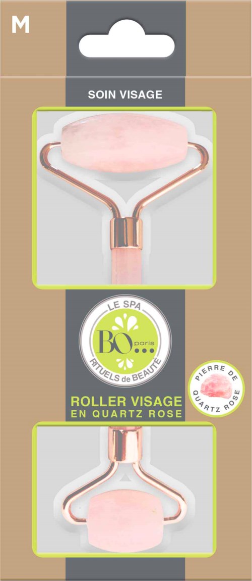 A facial roller with two pink quartz stones connected by a metal frame for skincare.