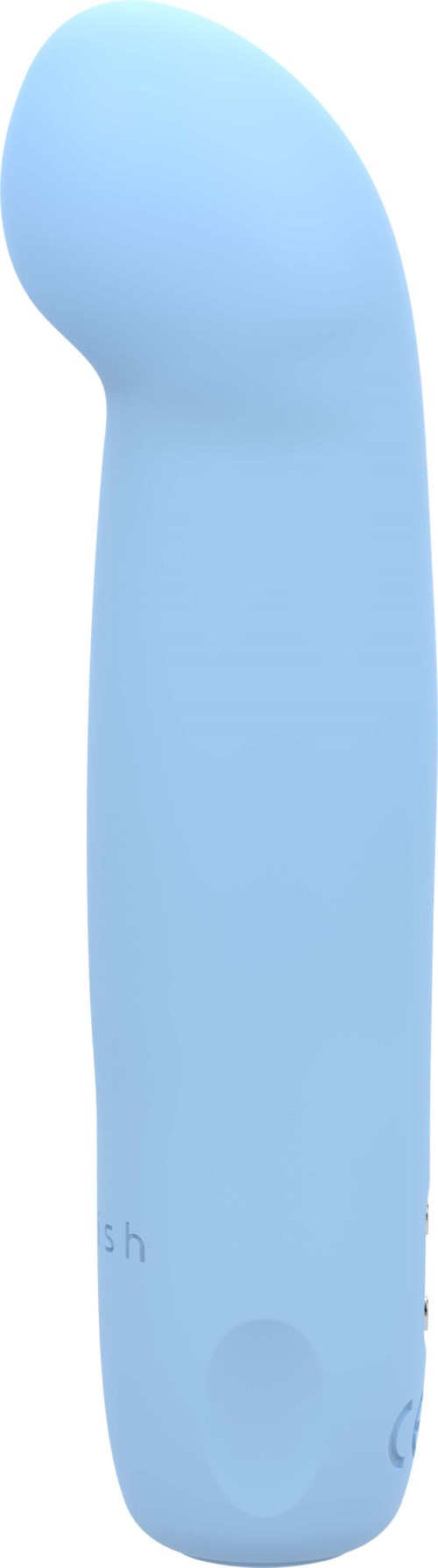 Ein hellblauer, gebogener Massagegerät mit abgerundetem Kopf und kleinem Steuerelement in der Nähe des Bodens.