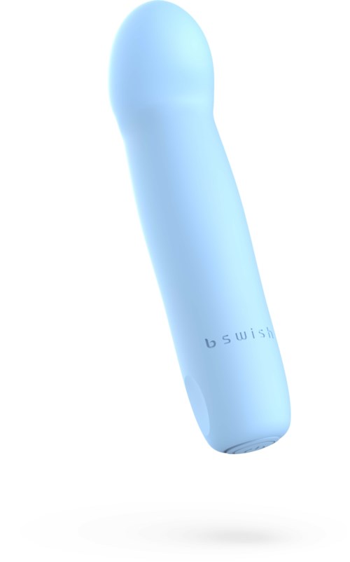 Ein hellblauer persönlicher Masseur in Form eines kleinen, gebogenen Stabs mit abgerundeter Spitze.