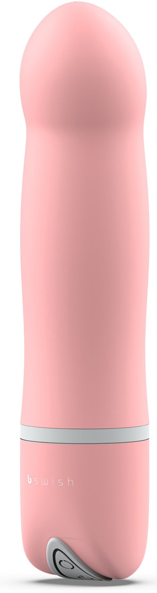 Ein weicher rosa Vibrator mit rundem Kopf und Kontrollknopf an der Unterseite.