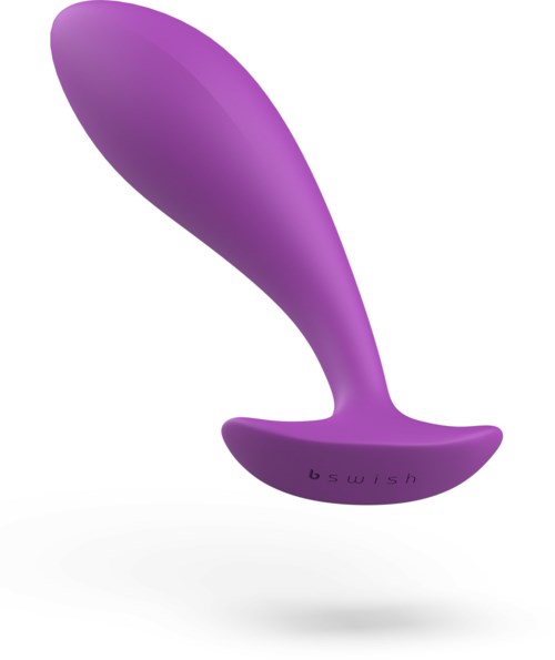 Ein lilaner, gekrümmter Gegenstand mit flacher Basis, wahrscheinlich ein Massage- oder Stimulator.
