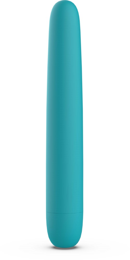 Ein glattes, blaues, längliches Objekt mit abgerundeten Enden steht senkrecht.