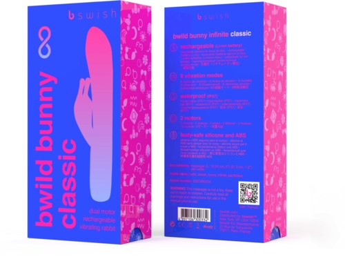 Blaue und rosa Verpackung mit Hasenbild und Produkthinweisen in blauer Schrift.