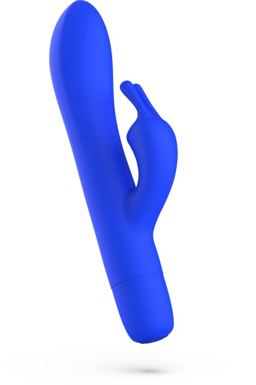 Ein blauer Vibrator mit gebogener Form und kleiner Erweiterung, vermutlich ein Sexspielzeug für den persönlichen Gebrauch.