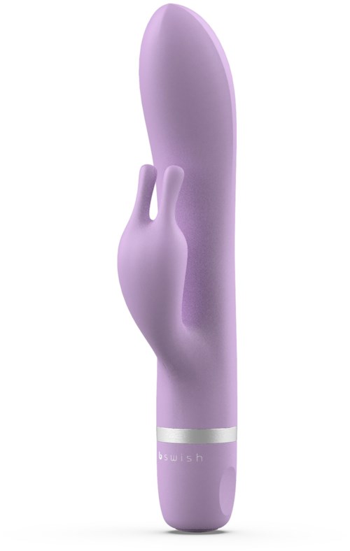 Lila, hasenförmiger Vibrator mit glatter, geschwungener Form und weißem Band am Boden.