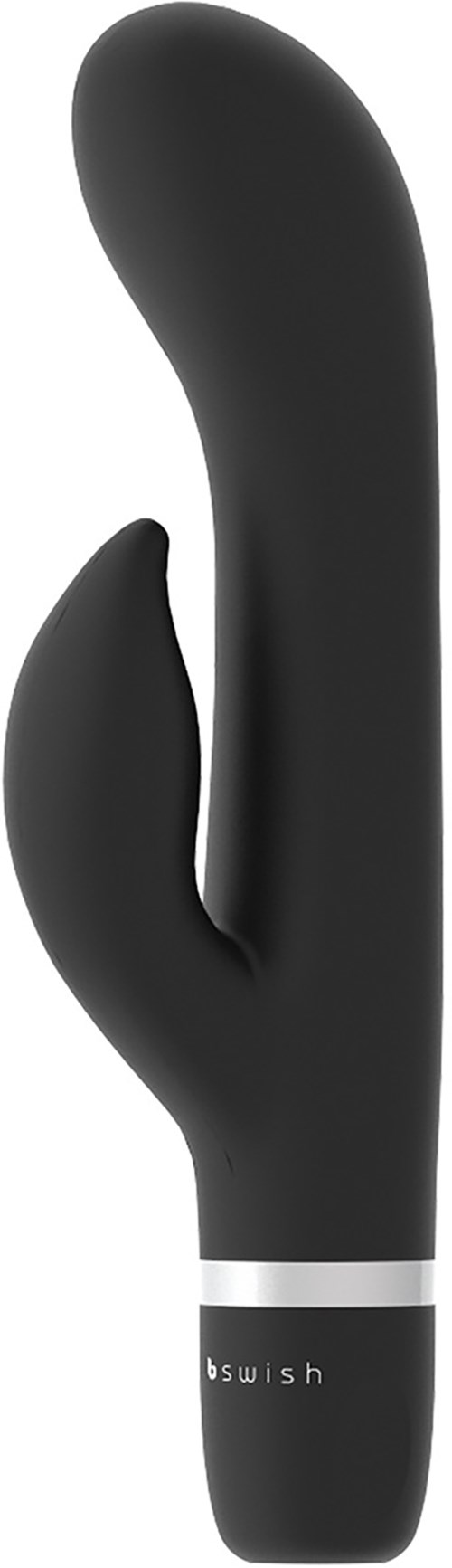 Ein schwarzes, gebogenes Gerät mit einem zusätzlichen Teil, wahrscheinlich ein Massagegerät oder Vibrator.