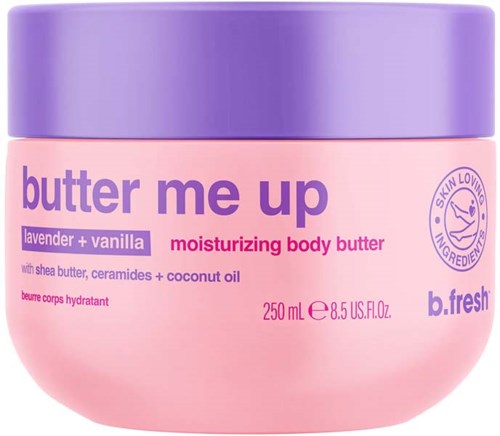 En rosa och lila burk med kroppssmörjning märkt "butter me up" med lavendel och vaniljdoft.