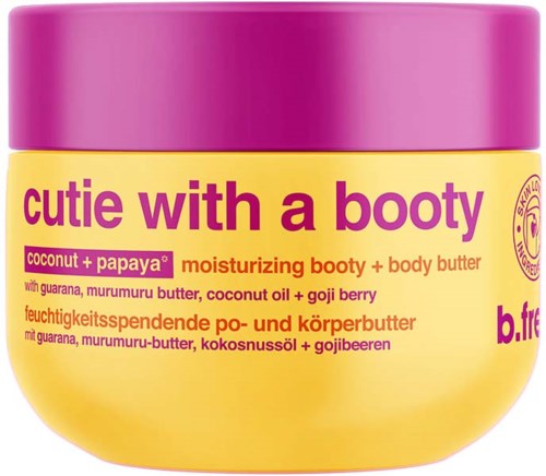 A jar of moisturizing body butter with pink lid, yellow container, and purple and orange text.