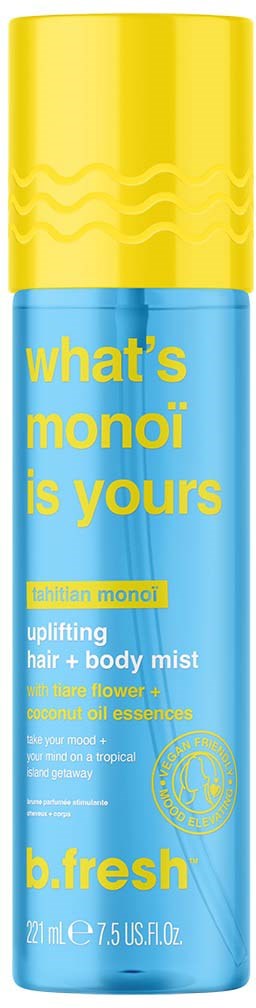 Eine blaue und gelbe Flasche mit Text, der ein Haar- und Körperspray von b.fresh bewirbt.
