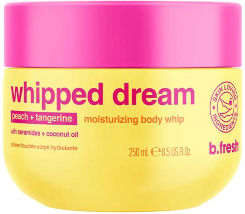A round yellow jar with a pink lid, labeled 'whipped dream' with peach and tangerine scent, 250ml size.