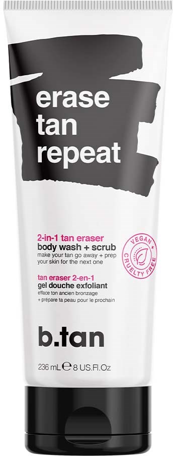 Een 2-in-1 bruine verfijnings body wash en scrub tube, met zwart-wit ontwerp, gemarkeerd 'erase tan repeat' en 'b.tan'.