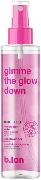 Roze sprayfles met tekst "gimme the glow down" met rozenwatergeur voor zonnen.