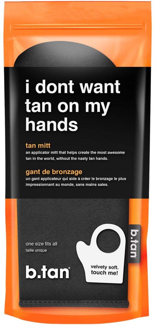 Een zwart en oranje pakket met handbruining crème met witte tekst en een kleine handgrafiek.
