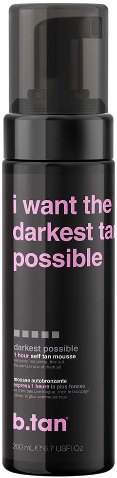 Een zwarte fles met roze en witte tekst die zegt "Ik wil de donkerste bruin mogelijk" en "b.tan".