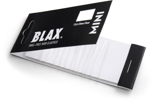 Een doosje met witte haar-elastieken met zwart en wit verpaktingsetiket, gemarkeerd "BLAX" en "MINI."