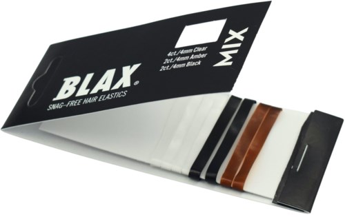 Een doos haarelastieken in verschillende kleuren, waaronder helder, amber, wit en zwart, met de merknaam BLAX.