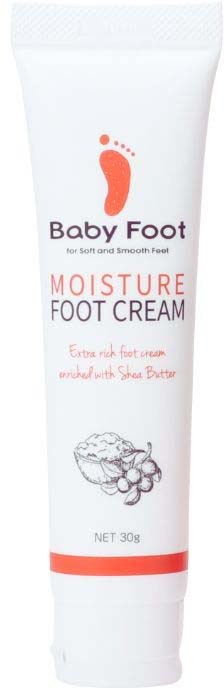 En vit tub med Baby Foot Moisture Foot Cream med fotavtryck och sheasmörillustration.