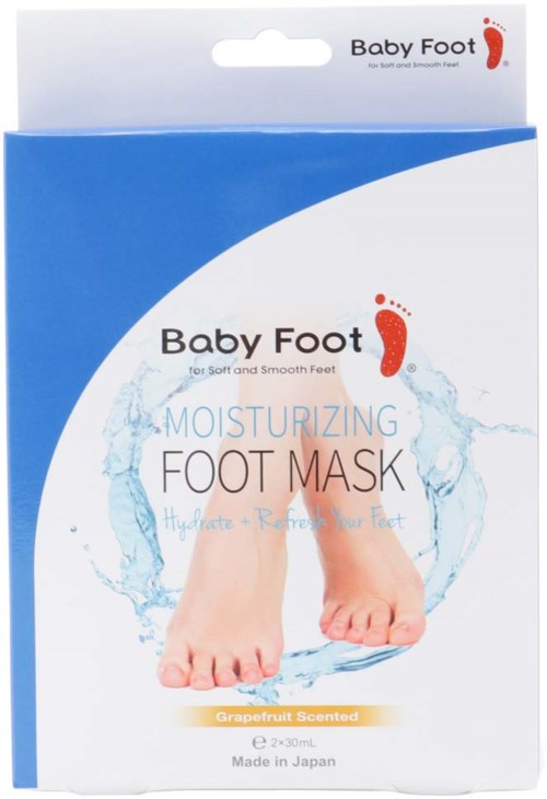 Förpackningslåda för babyfotfuktmaskin med bild av två bebisfötter och vattenstänk. Blå och vit färg.
